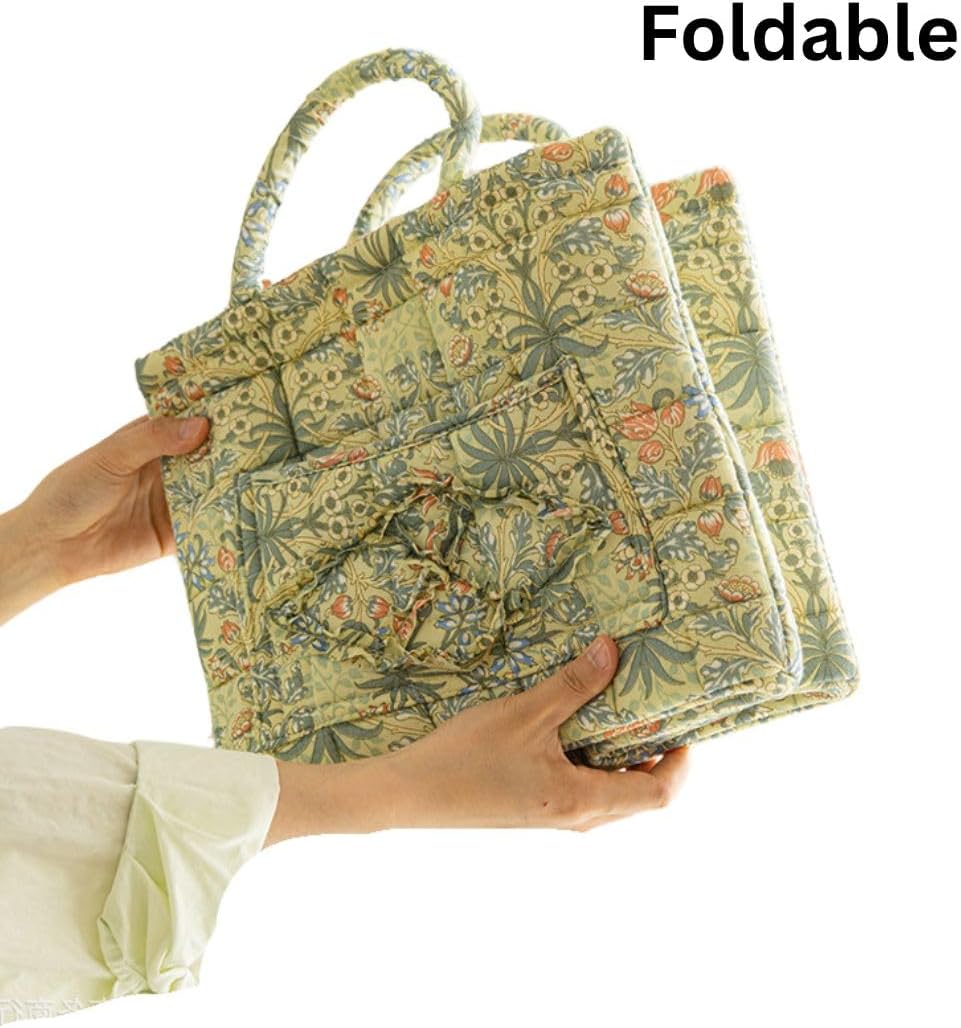 Quilted Fabric Storage Basket with Handles – Boho Foldable Floral Organizer Bin for Home, Picnic, Shopping, Travel 13"x11"x10" (Olive Floral)