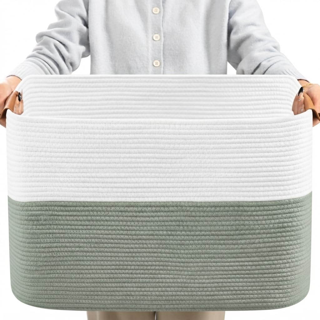 danpinera Blanket Basket, 72L Woven Storage basket with Leather Handle, Eco-friendly Decorative Storage Organization in Bathroom & Living Room for Towels 22 ''*17 ''*11.8 '', Gradient Brown