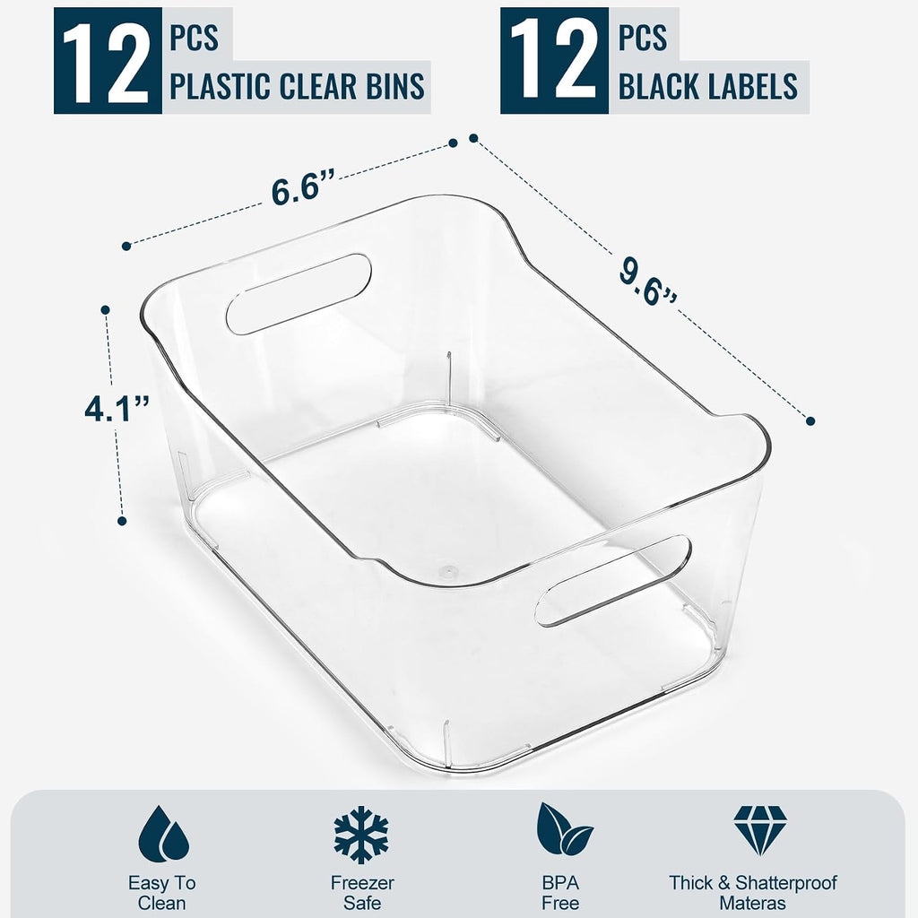 12 PACK Clear Plastic Storage Bins, Kitchen Cabinet Pantry Organizer Bins