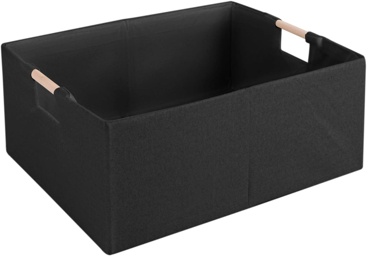 Fabric Storage Box, 15x11in Foldable Cotton Linen Basket with Wooden Handle