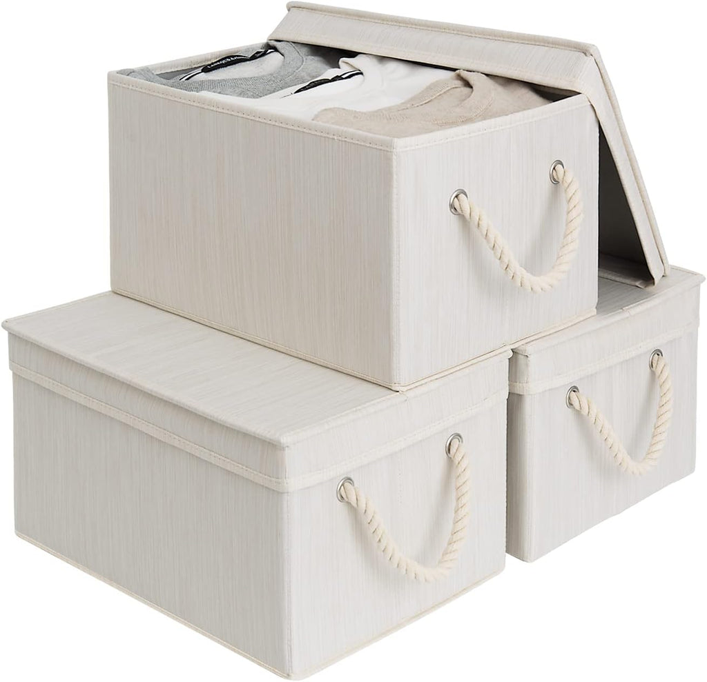 StorageWorks Storage Bins with Lids, Fabric Boxes for Closet, Slub White