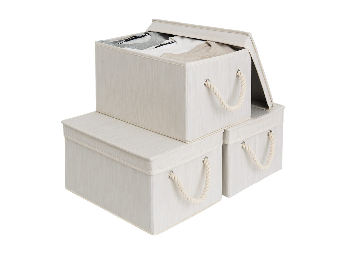 StorageWorks Storage Bins with Lids, Fabric Boxes for Closet, Slub White
