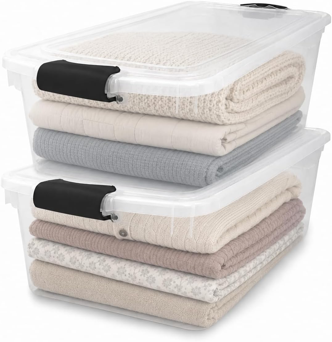 HOMZ Clear Plastic Storage Bins w/Latching Lid, 66 Qt, Gray Latch, 2 Pack