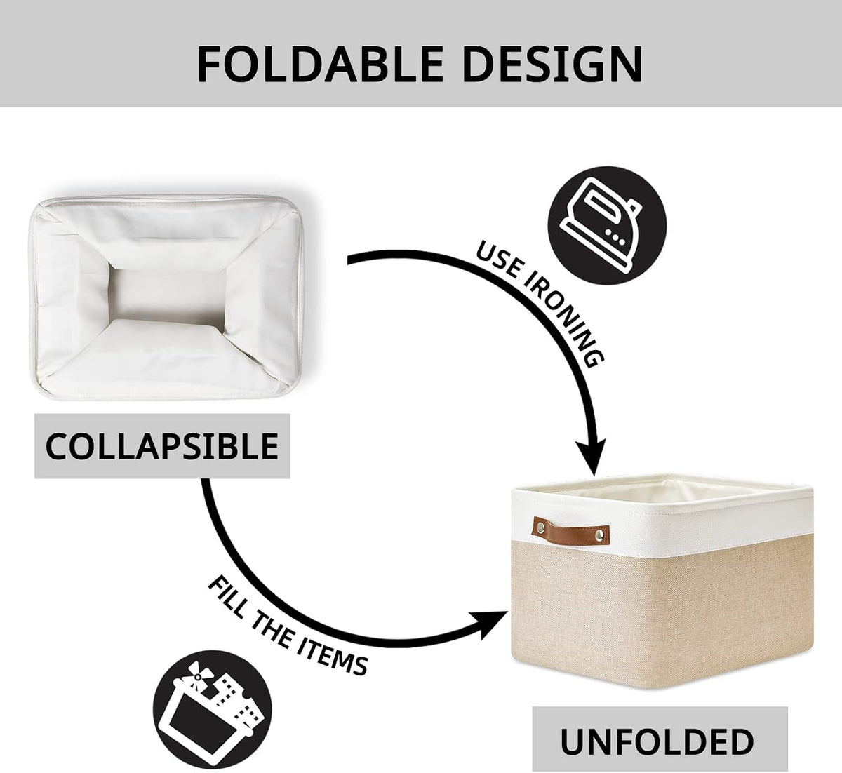 DULLEMELO Fabric Storage Bins for Laundry, Home, Foldable Storage Baskets for Shelves, Toys, Collapsible Storage Bins for Office, Closet,Bedroom(White&Khaki,L-15"x11"x9.5",4-Pack)
