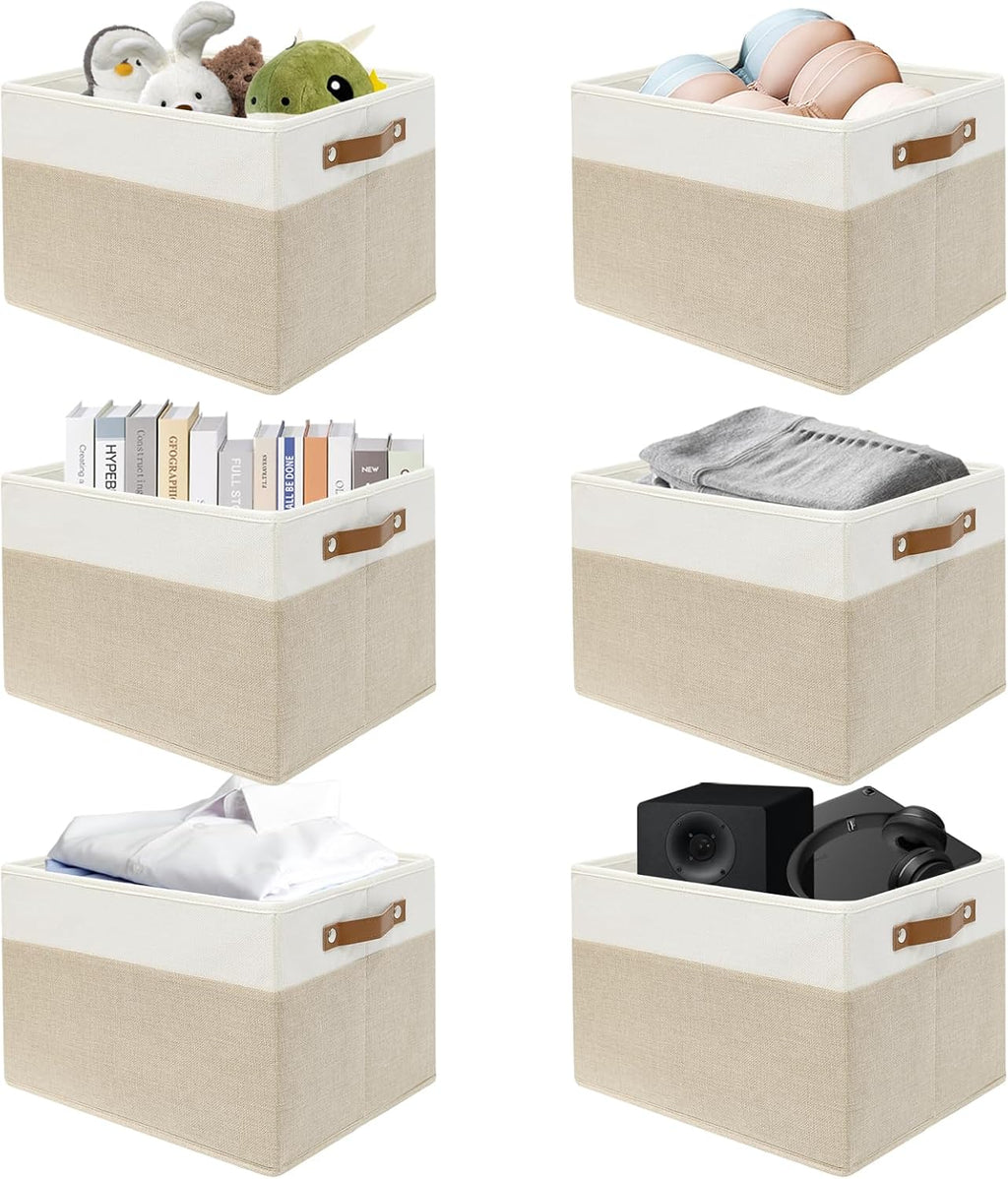 SNWDN 6 Pack Collapsible Fabric Storage Baskets with Handles (White/Beige 15''Lx10.2''Wx9''H)
