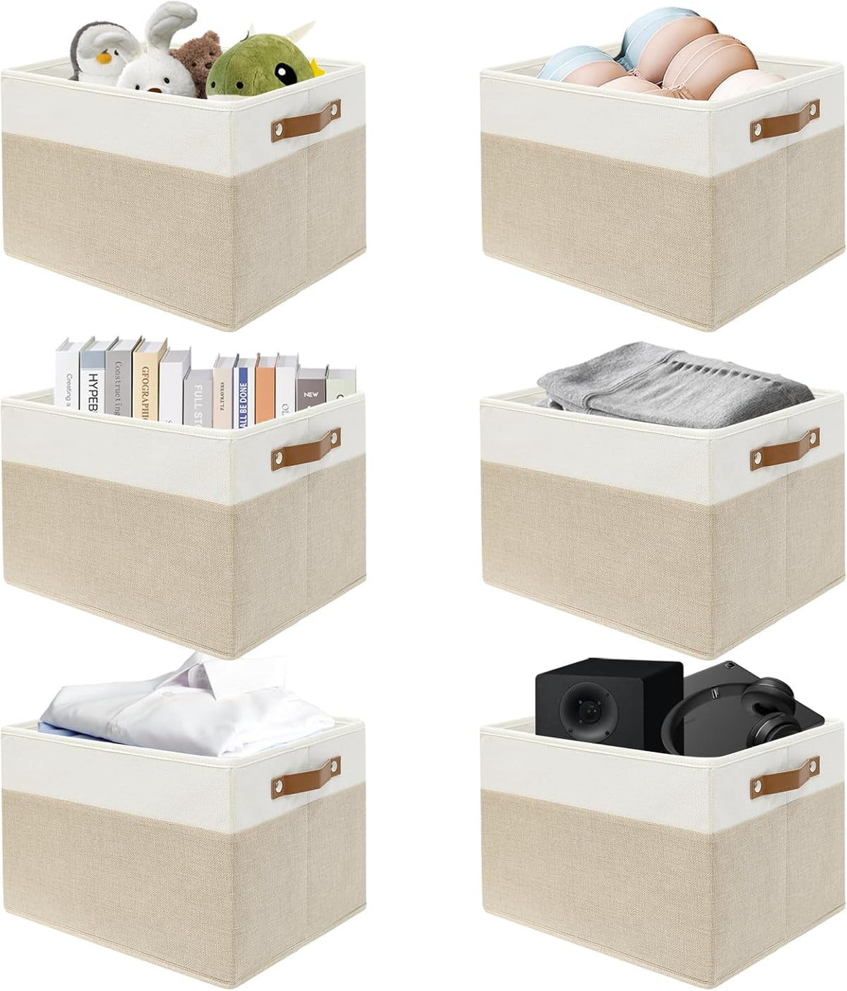 SNWDN 6 Pack Collapsible Fabric Storage Baskets with Handles (White/Beige 15''Lx10.2''Wx9''H)