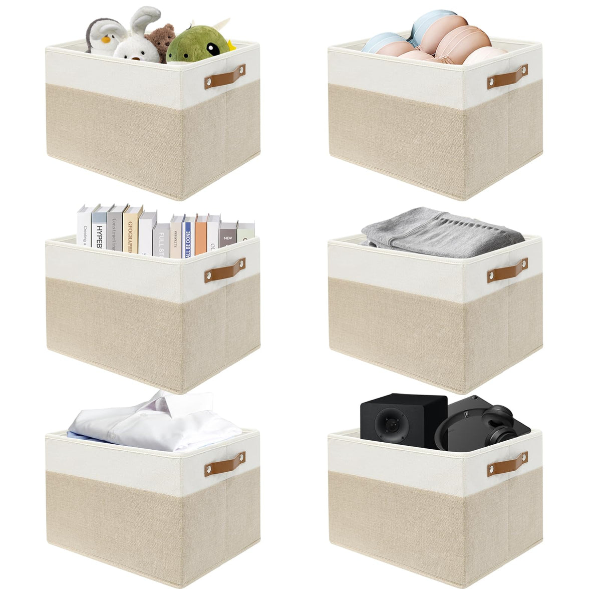 SNWDN 6 Pack Collapsible Fabric Storage Baskets with Handles (White/Beige 15''Lx10.2''Wx9''H)