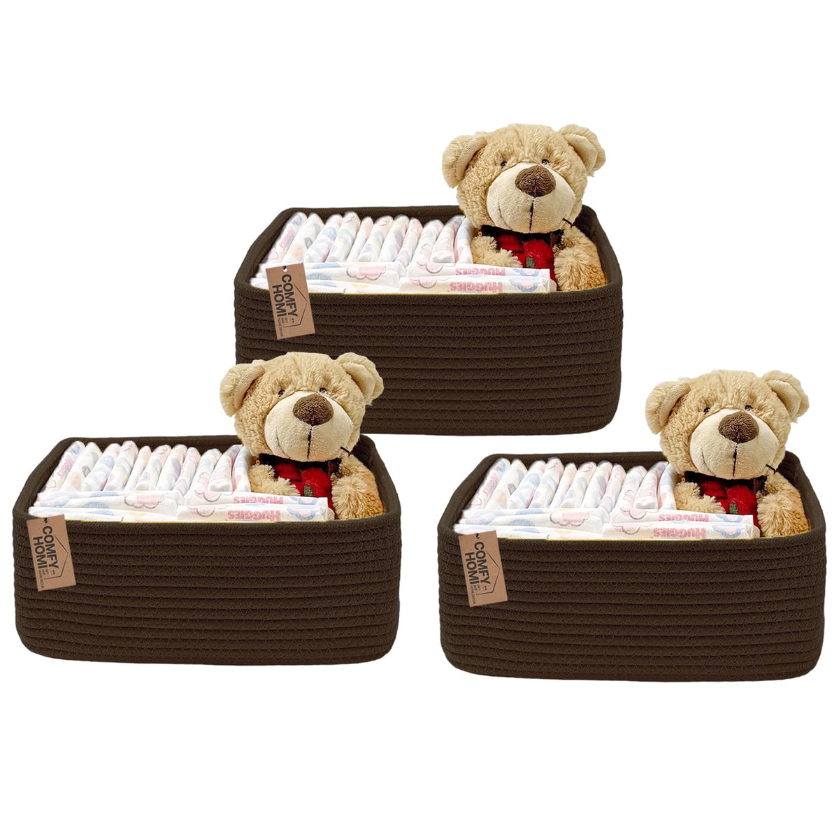 COMFY-HOMI 3PACK Cotton Rope Square Basket with Handles for Shelves|Dog Toy Bin and Storage|Baby Gift|Shoe Organizer|New 13.5" x 11" x 9.5" for Living Room (Black/Jute)