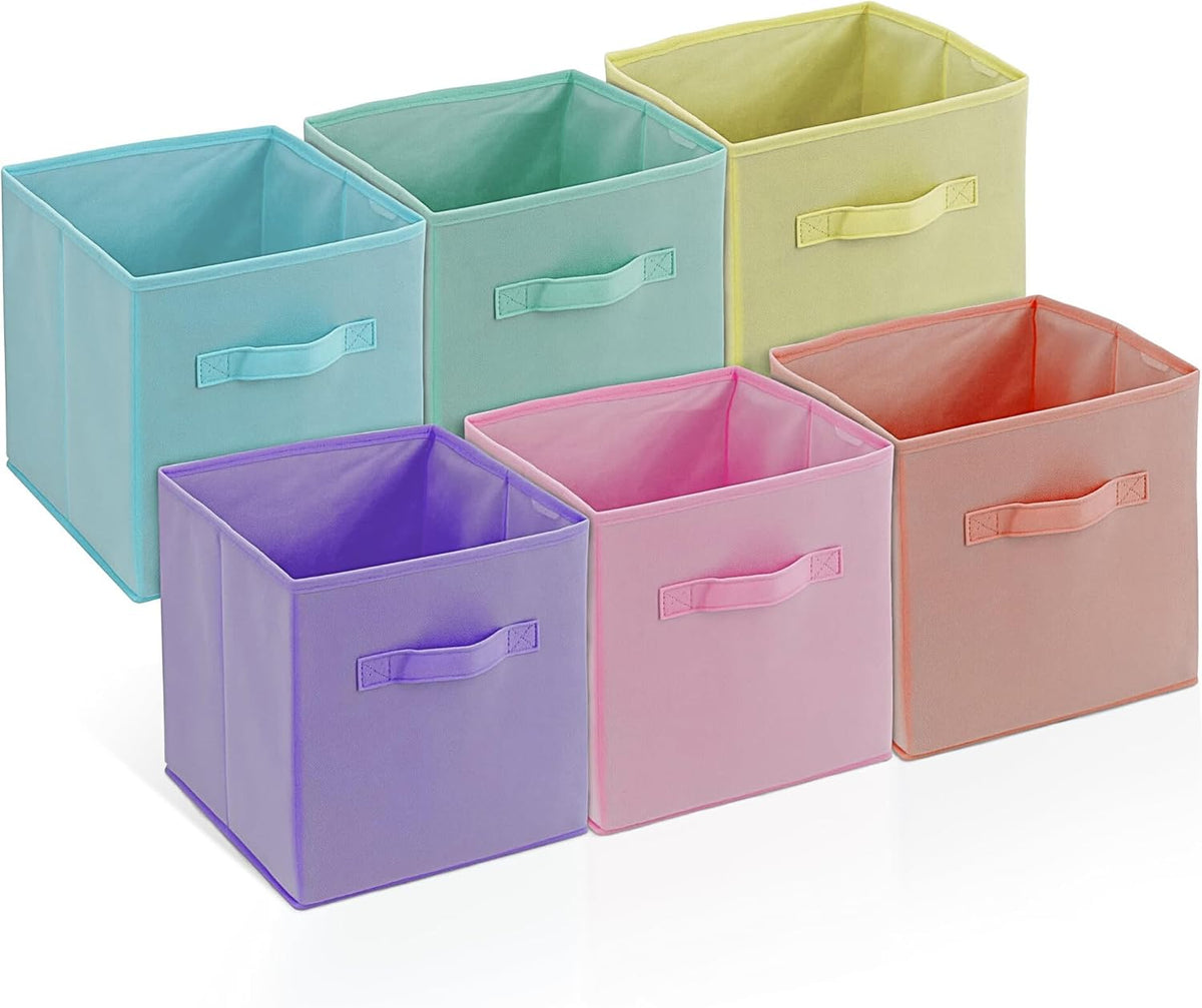 4E's Novelty 6 Pack 11 Inch Pastel Color Storage Foldable Cube Bins, Colorful Boho Storage Baskets For Nursery, Kids Room, Fabric Baskets For Toys, Clothes, Classroom Organization and Storage