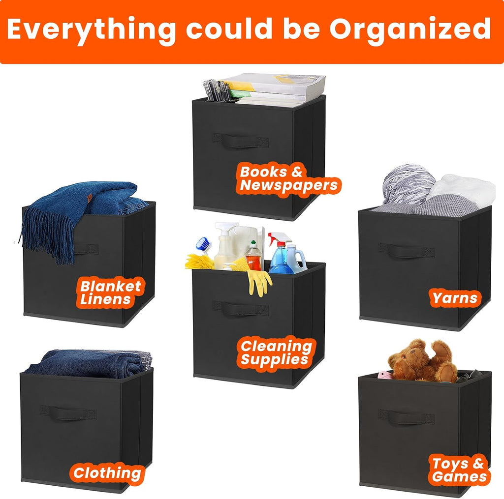 Criusia Storage Cubes, 11 Inch Clothes Storage Bins for Shelves Closet (10 Pack), Fabric Collapsible Storage Bins with Dual Handles, Cubby Storage Baskets for Magazines, Dorm Essentials (Black)