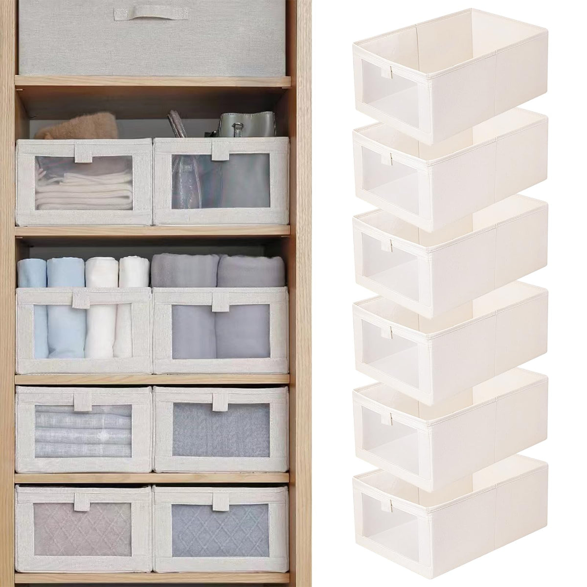 Pradnel Linen Closet Organizers And Storage, 4 Pack Storage Bins Baskets for Organization Foldable Organizer with Clear Window Organizing Clothing, Jeans, Shelves