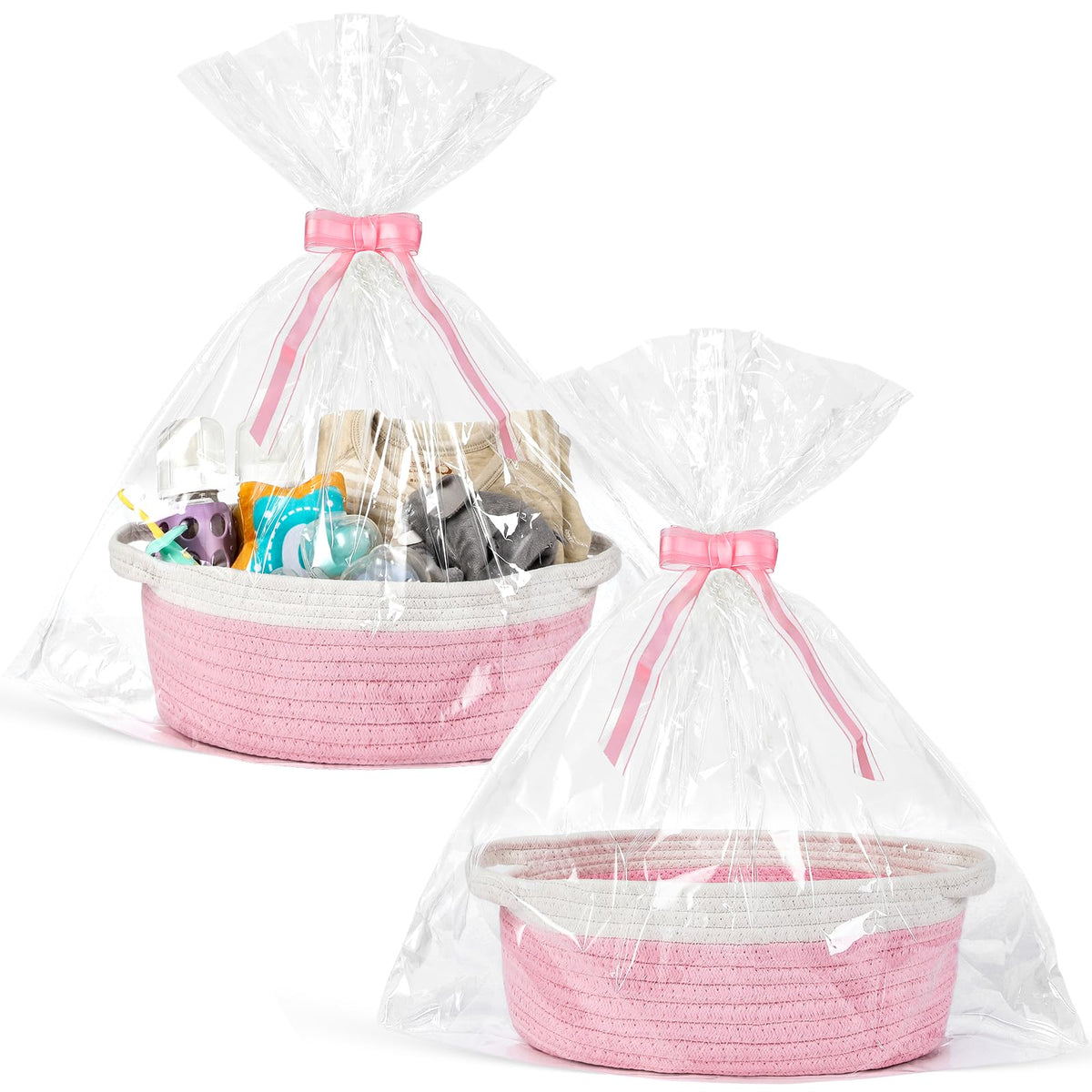 2 Pack Small Woven Basket with Gift Bags and Ribbons, Empty Decorative Gift Chest Box, Cute Baby Gift Basket for Nursery, Cotton Rope Room Shelf Storage Basket with Handles, All 12"x 8"x 5",White