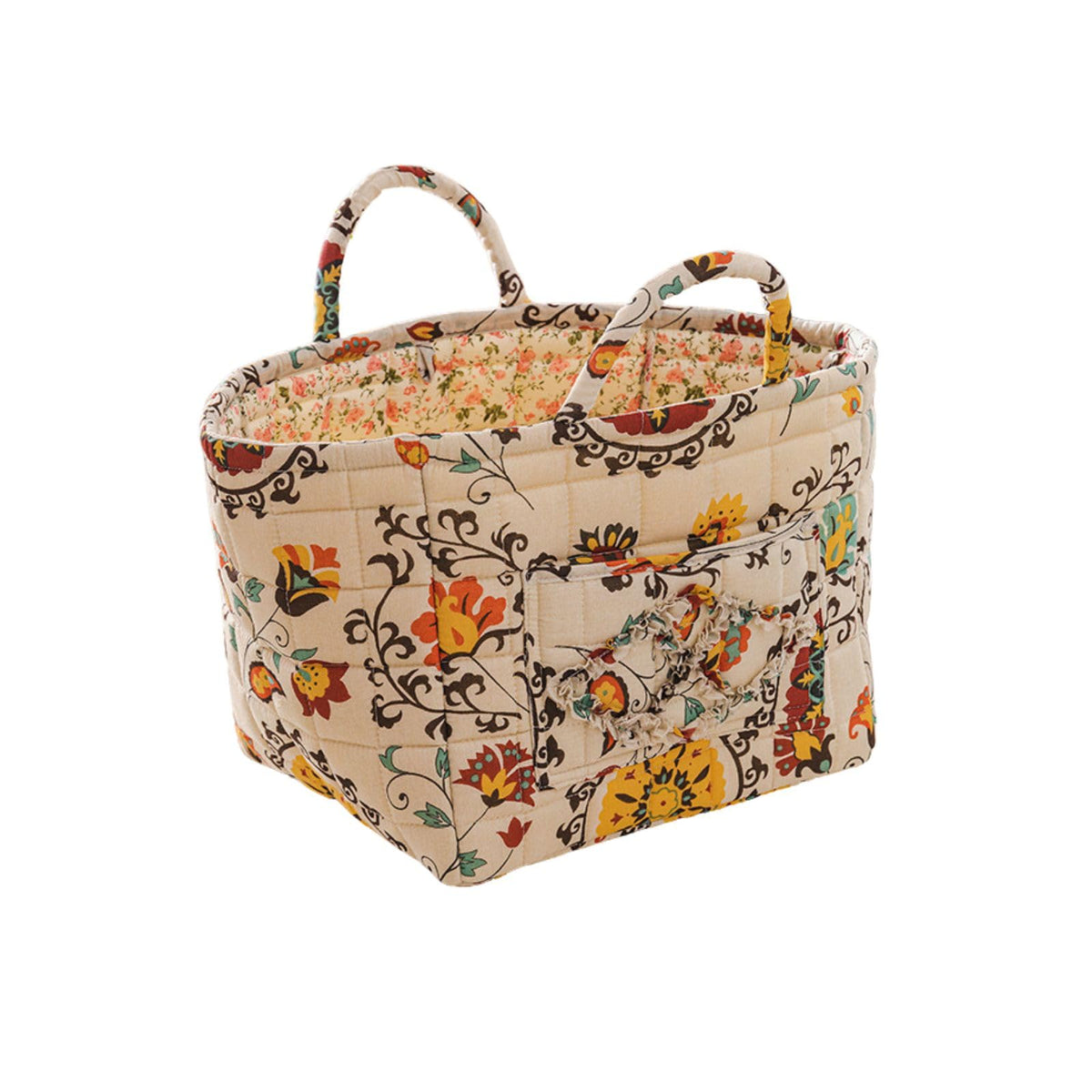 Quilted Fabric Storage Basket with Handles – Boho Foldable Floral Organizer Bin for Home, Picnic, Shopping, Travel 13"x11"x10" (Olive Floral)