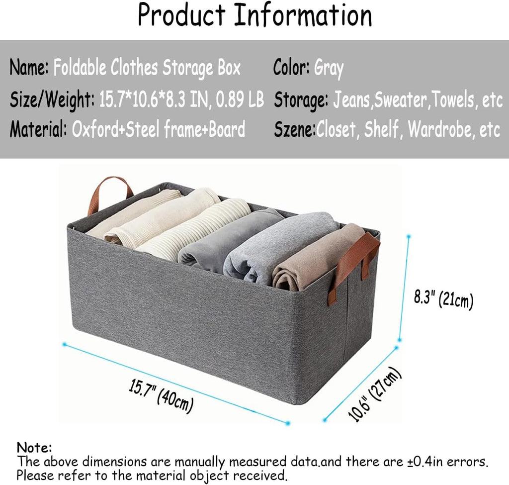 AARAINBOW Linen Closet Organizer Storage Bin with Steel Frame, Stackable Fabric Jeans Baskets for Shelves, 4 Packs Foldable Wardrobe Clothes Box for Sweater Pants Towel Shirt Storage, 23L Gray