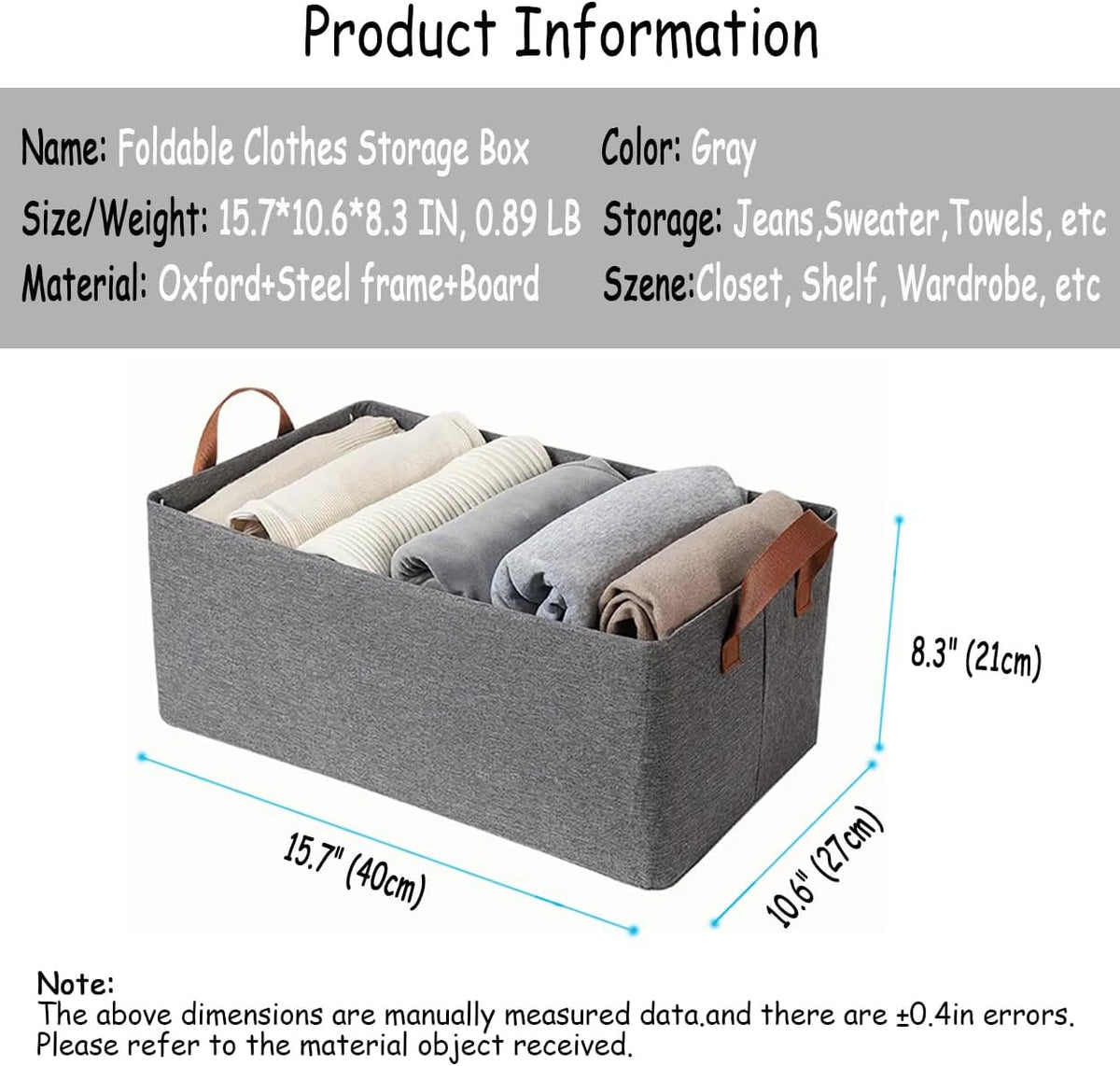 AARAINBOW Linen Closet Organizer Storage Bin with Steel Frame, Stackable Fabric Jeans Baskets for Shelves, 4 Packs Foldable Wardrobe Clothes Box for Sweater Pants Towel Shirt Storage, 23L Gray