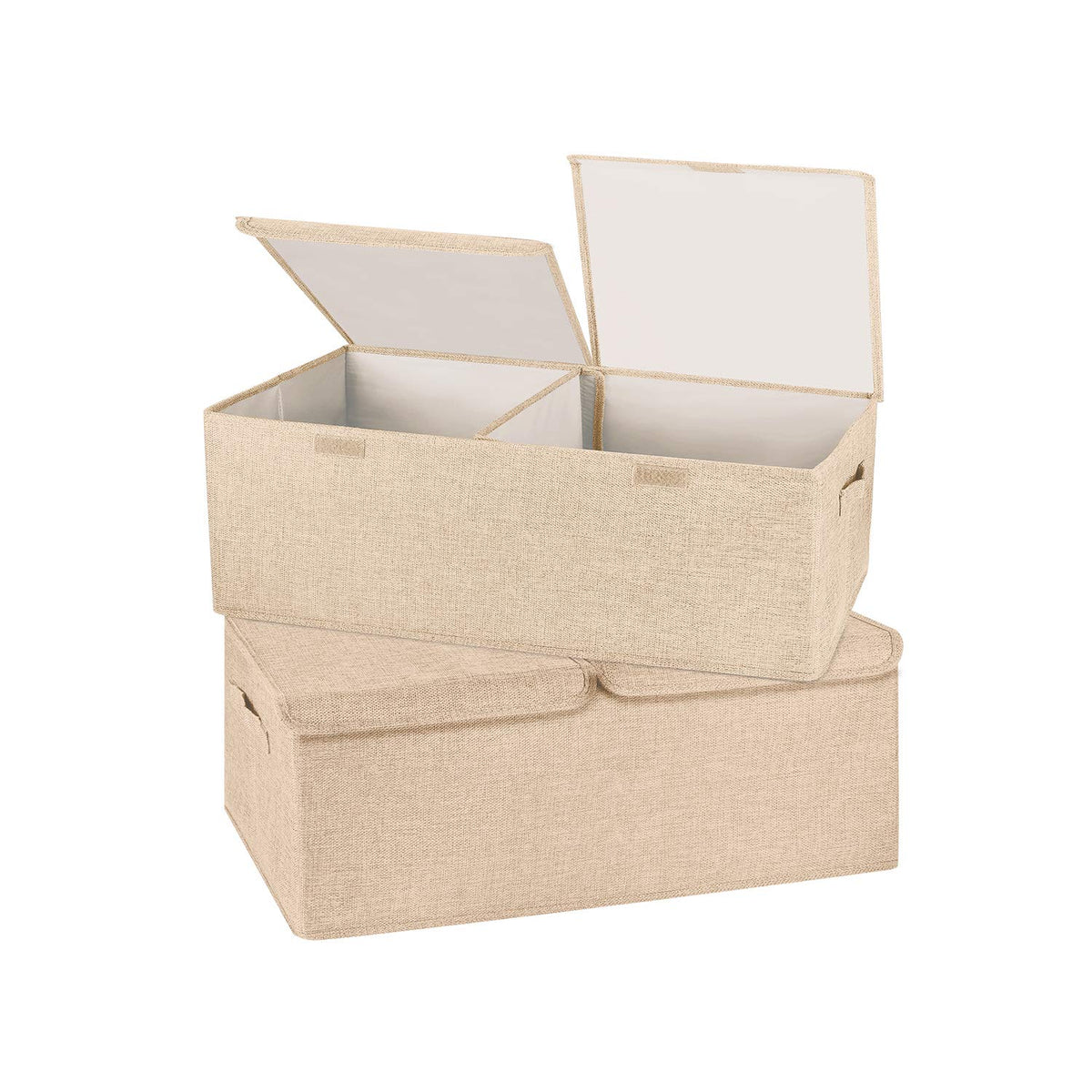 2 Pack Large Linen Fabric Collapsible Storage Bins with Lid and Handles, Washable Storage Box Baskets Cube with Removable Divider for Bedroom,Closet,Office,Living Room,Nursery (Black, Large)