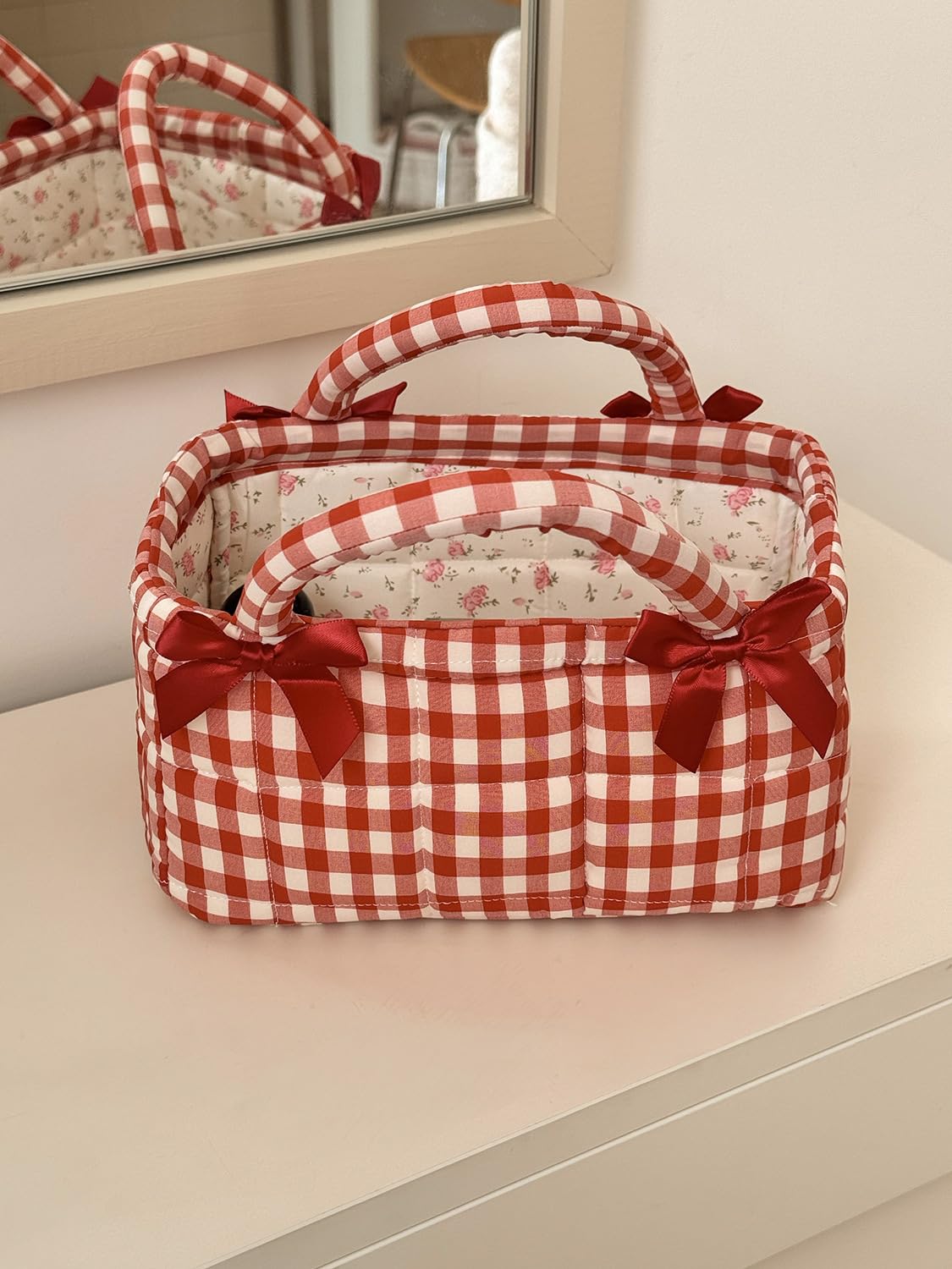Small Storage Basket Organizer, Mini Fabric Floral Storage Baskets with Handle, Quilted Portable Collapsible Storage (Blue Floral)