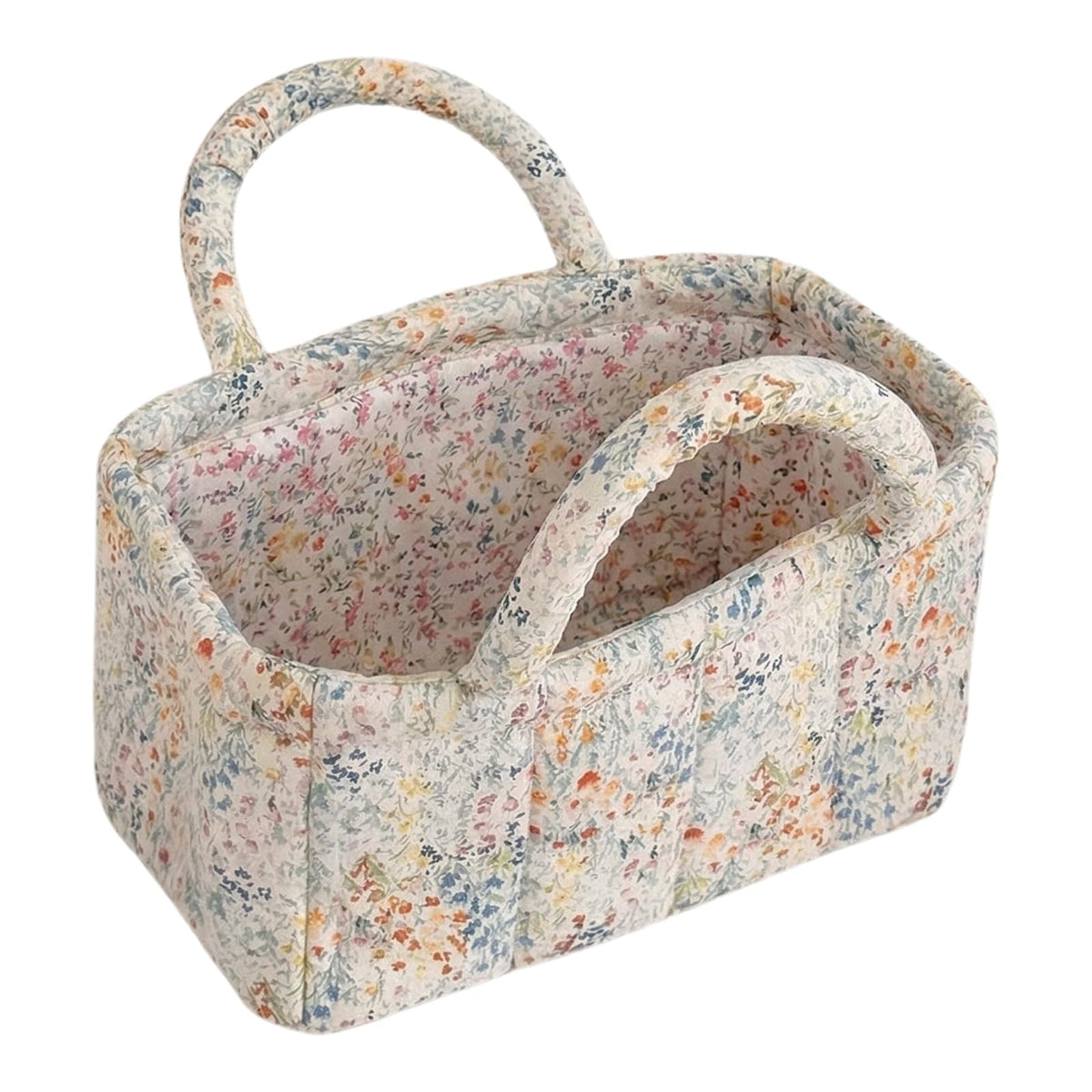 Small Storage Basket Organizer, Mini Fabric Floral Storage Baskets with Handle, Quilted Portable Collapsible Storage (Blue Floral)