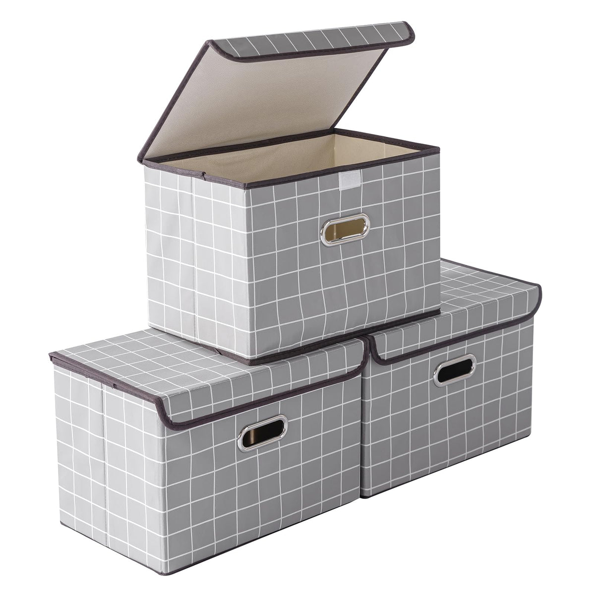 STOREONE Fabric Storage Cube Bins Foldable Organizer Container Collapsible Basket with Lids and Metal Handles, for Home, Bedroom, Closet 3 Pcs (Navy Blue)