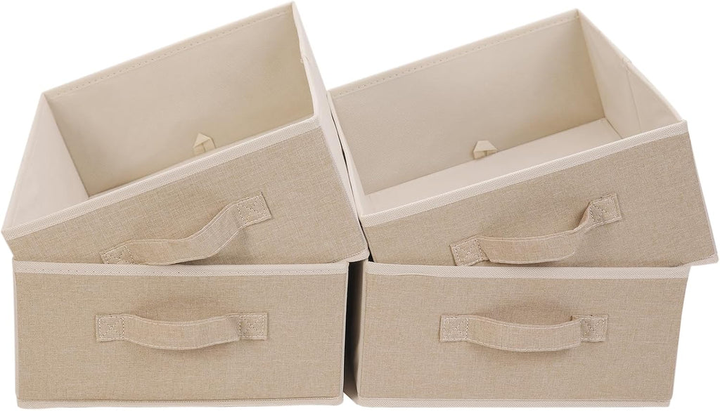 JAKAGO Fabric Storage Bins set of 4 Rectangle Storage Baskets with Handle Foldable Closet Organizer for Clothes Towel bedding Books Collapsible Clothing Container for Shelves Bedroom(Beige Low)
