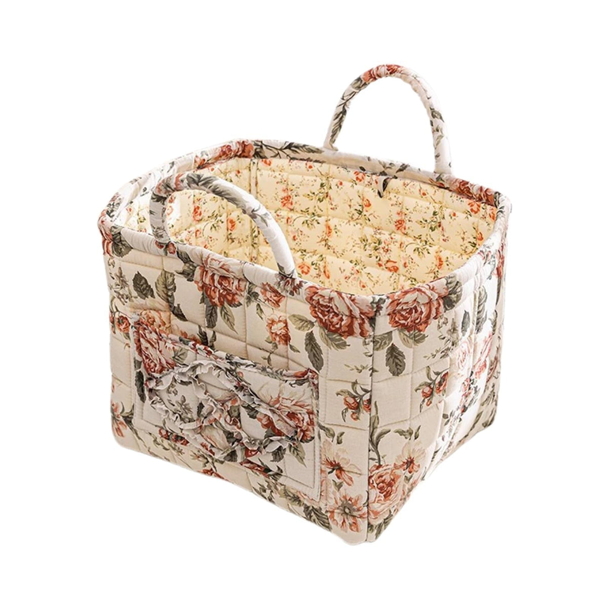 Quilted Fabric Storage Basket with Handles – Boho Foldable Floral Organizer Bin for Home, Picnic, Shopping, Travel 13"x11"x10" (Olive Floral)