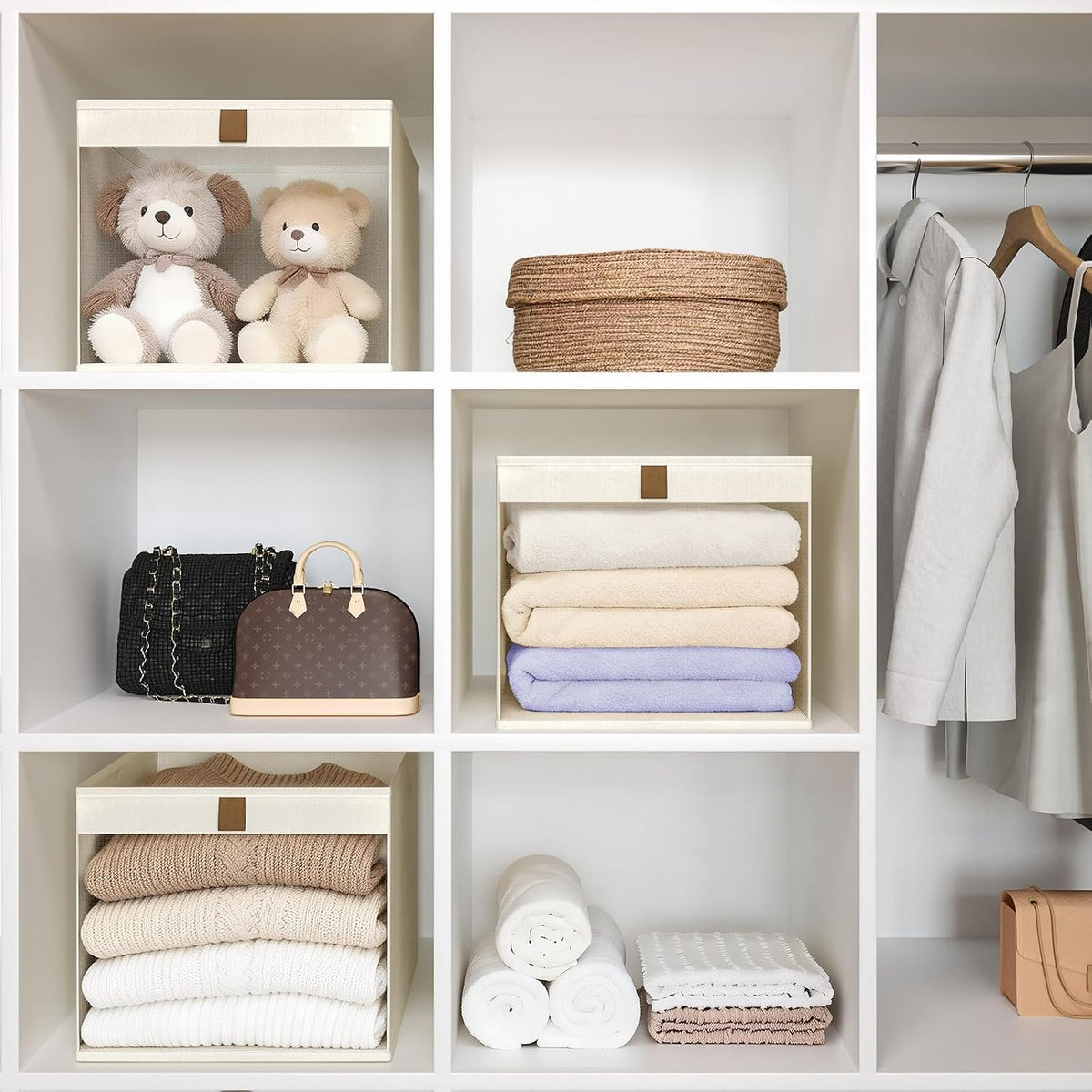 Linen Closet Organizers and Storage, Closet Storage Bins Basket Organizer, Foldable Organization Baskets with Mesh Window for Clothes Towels and Toys, 12.75" x 12.75" x 9", Beige, 4 pack