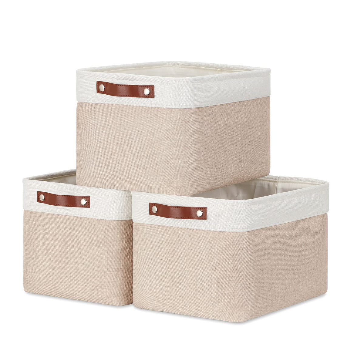 DULLEMELO Fabric Storage Bins for Laundry, Home, Foldable Storage Baskets for Shelves, Toys, Collapsible Storage Bins for Office, Closet,Bedroom(White&Khaki,L-15"x11"x9.5",4-Pack)