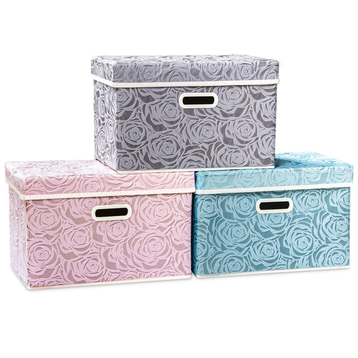 PRANDOM Larger Collapsible Storage Cubes with Lids Fabric Decorative Storage Bins Boxes Organizer Containers Baskets with Cover Handles for Bedroom Closet Living Room Blue 17.7x11.8x11.8 Inch 3 Pack