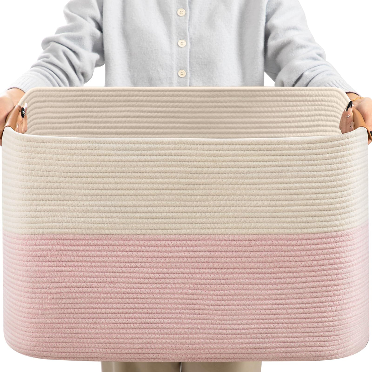 danpinera Blanket Basket, 72L Woven Storage basket with Leather Handle, Eco-friendly Decorative Storage Organization in Bathroom & Living Room for Towels 22 ''*17 ''*11.8 '', Gradient Brown
