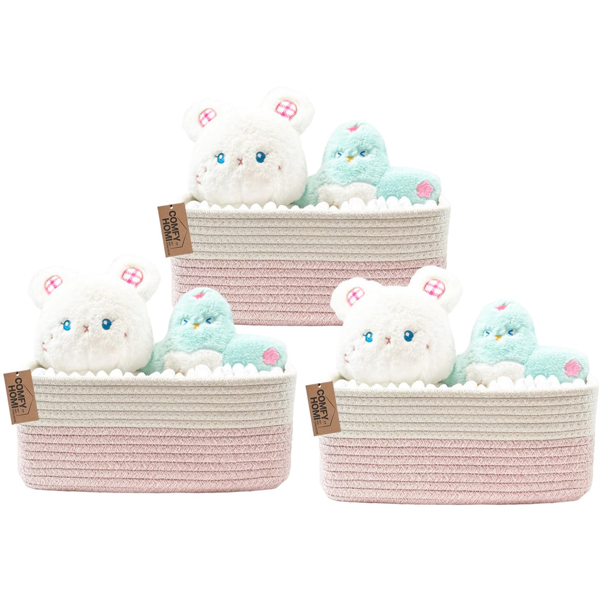 COMFY-HOMI 3PACK Cotton Rope Square Basket with Handles for Shelves|Dog Toy Bin and Storage|Baby Gift|Shoe Organizer|New 13.5" x 11" x 9.5" for Living Room (Black/Jute)