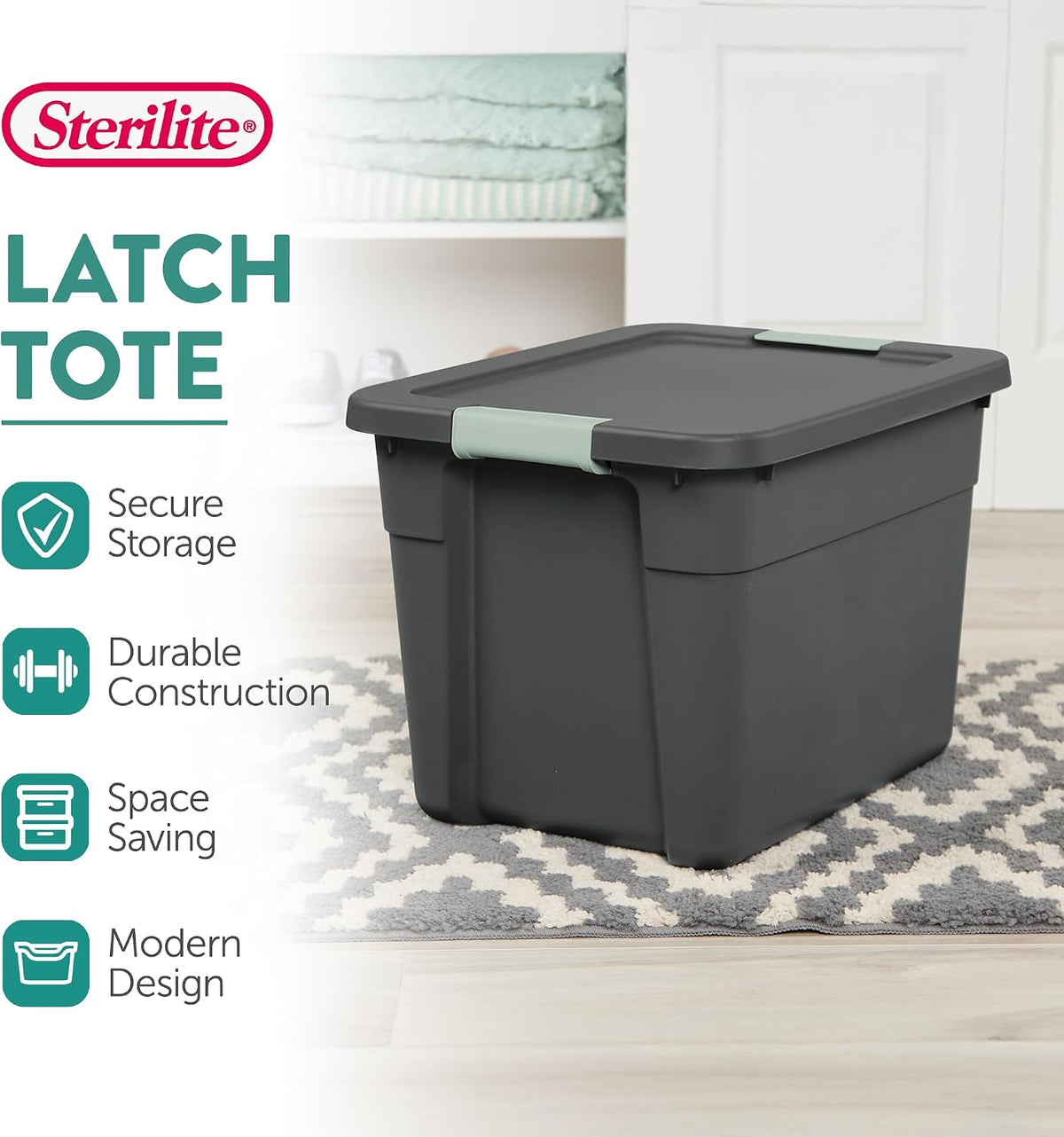 Sterilite Latch Tote Storage with Lids for Home & Office, 12 Gallon, 6-Pack