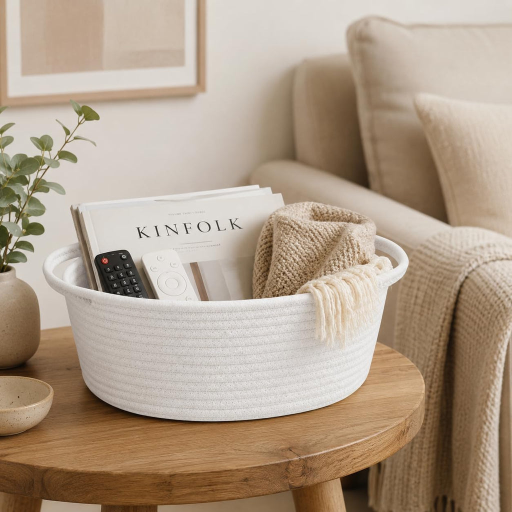 ABenkle Small Basket with Handles, Boho Decorative Rope Woven Dog Cat Toy Storage Bin Shelf Storage Organizer, Easter Christmas Gift Basket, 12"x8"x5", White