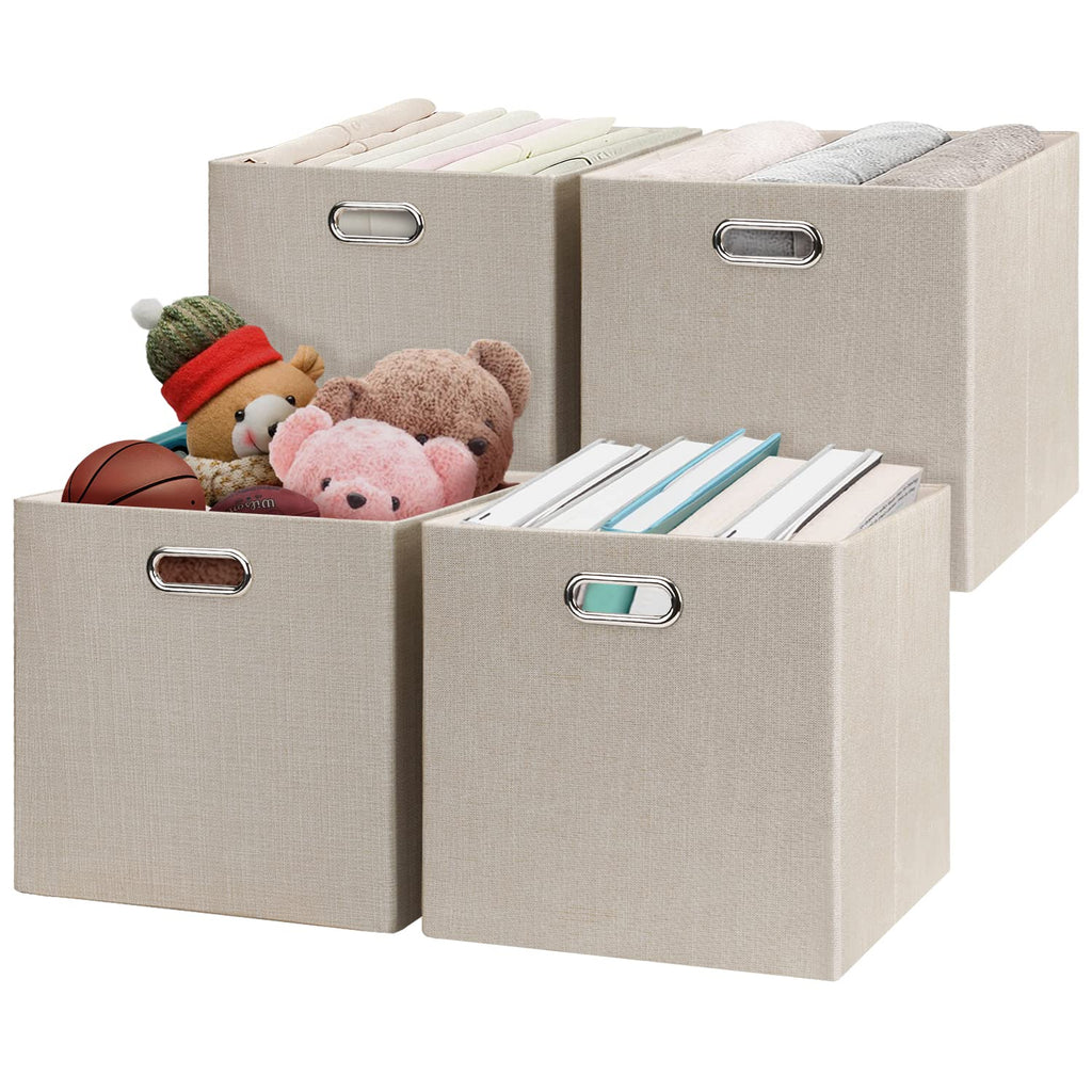 Posprica 3X Thicker Fabric Storage Cubes 13 inch Collapsible Storage Bins for Organization, Cubby Storage Baskets for Organizing Shelf Cabinet Bookcase Boxes, Set of 4, Coffee