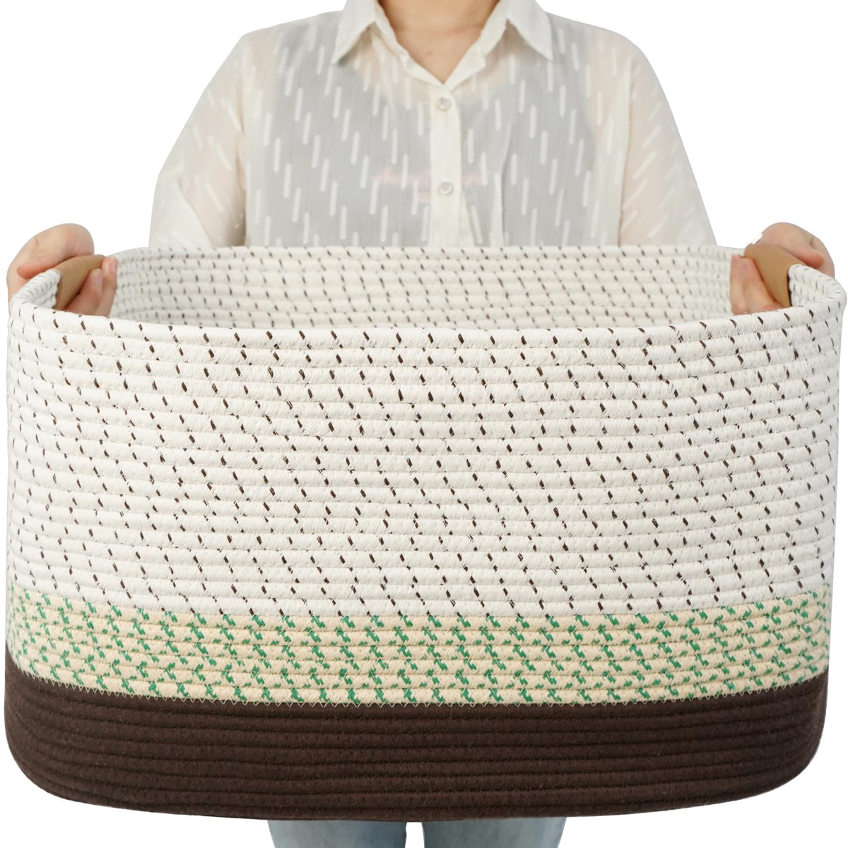 danpinera Blanket Basket, 72L Woven Storage basket with Leather Handle, Eco-friendly Decorative Storage Organization in Bathroom & Living Room for Towels 22 ''*17 ''*11.8 '', Gradient Brown