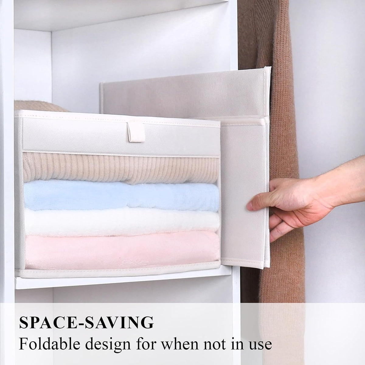 WUIKE Closet Storage Bins with Clear Window, Beige, Large, 3-Pack