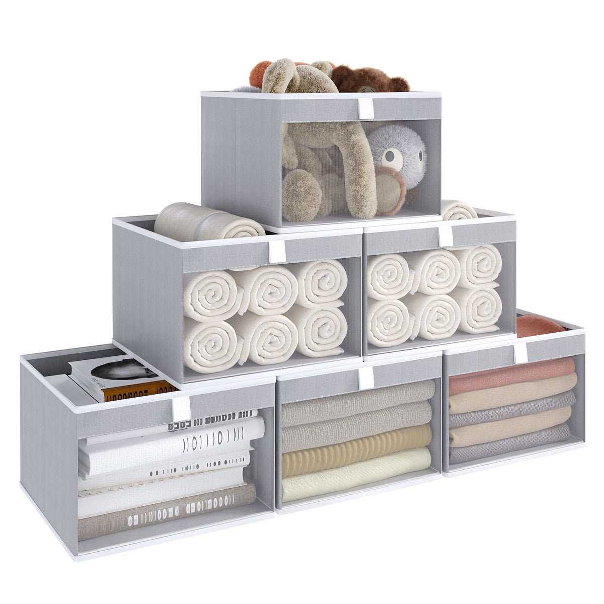 Linen Closet Organizers and Storage, Closet Storage Bins Basket Organizer, Foldable Organization Baskets with Mesh Window for Clothes Towels and Toys, 12.75" x 12.75" x 9", Beige, 4 pack