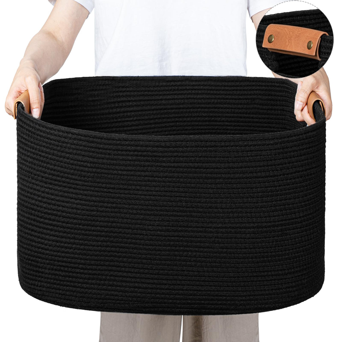danpinera Blanket Basket, 72L Woven Storage basket with Leather Handle, Eco-friendly Decorative Storage Organization in Bathroom & Living Room for Towels 22 ''*17 ''*11.8 '', Gradient Brown