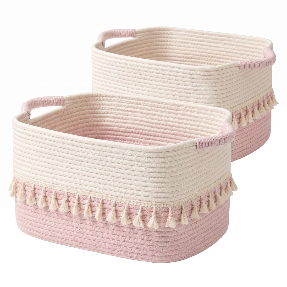 TeoKJ Woven Storage Bin Set of 3, Cotton Rope Basket for Storage, Clothes Boho Basket Bin for Organizing, Fabric Basket for Books, Plants, Pet Treats, White & Jute