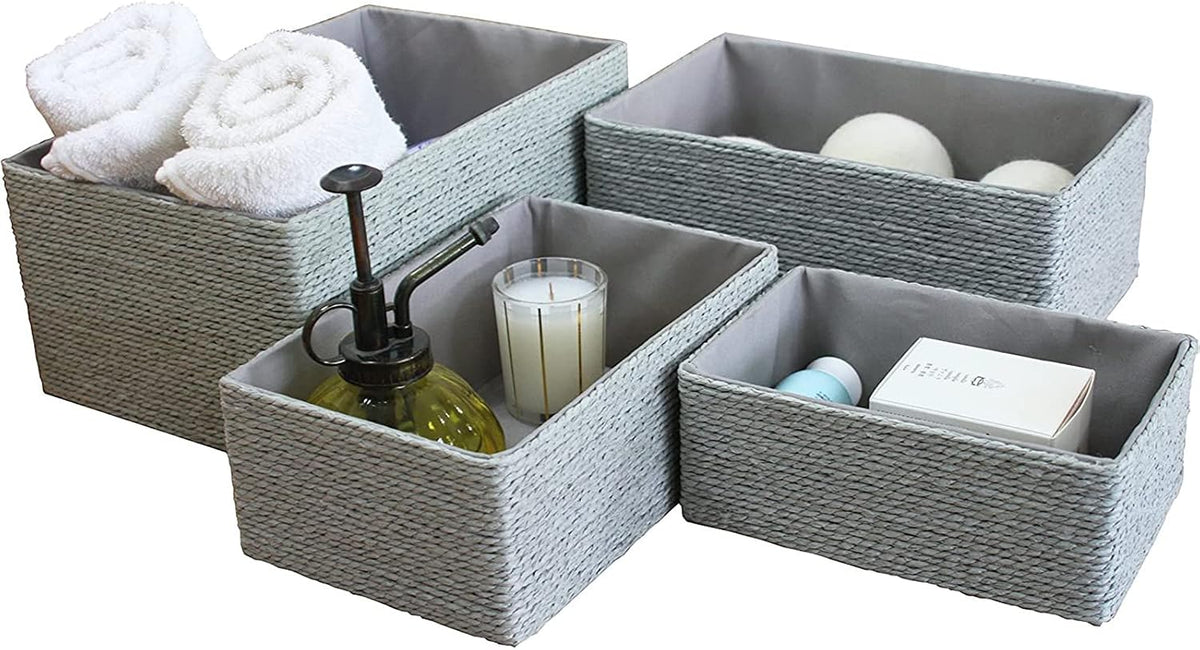 LA JOLIE MUSE Bathroom Basket Organizers, Paper Rope Storage, Grey 4 Pack