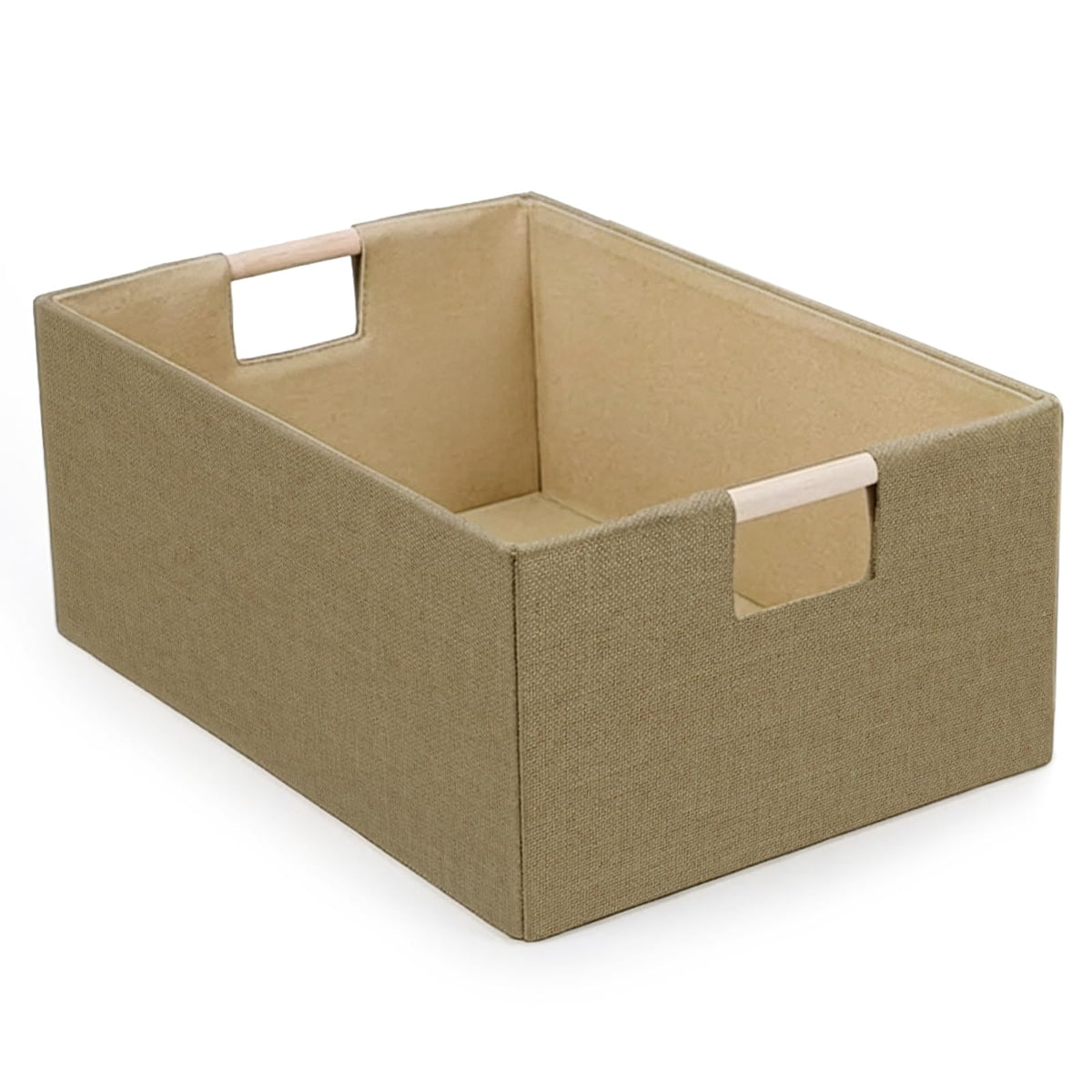 Foldable Fabric Storage Baskets Set of 2 for Shelves, Linen Decorative Storage Bins with Wooden Handles, Small Organizer Cubes for Closet, Rectangle Canvas Boxes for Organizing, Decor (Beige 2 Pack)