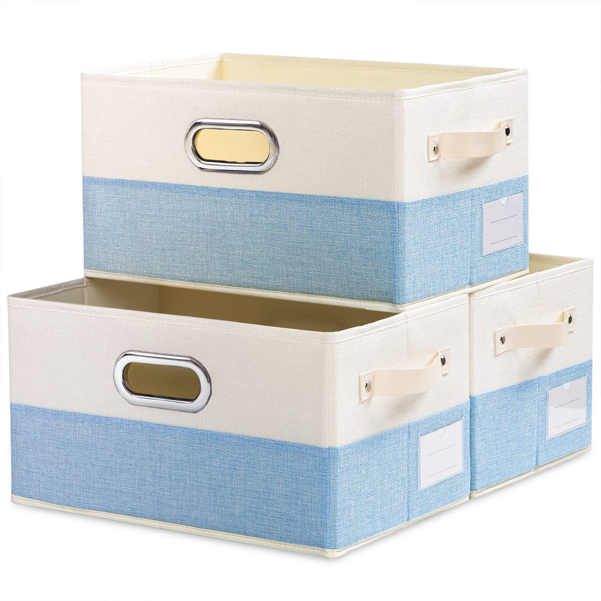 PRANDOM Large Foldable Storage Bins for Shelves [3-pack] Decorative Linen Fabric Storage Baskets Cubes with Leather/Metal Handles for Closet Nursery Office Grey and Black Trim (14.9x9.8x8.3 Inch)