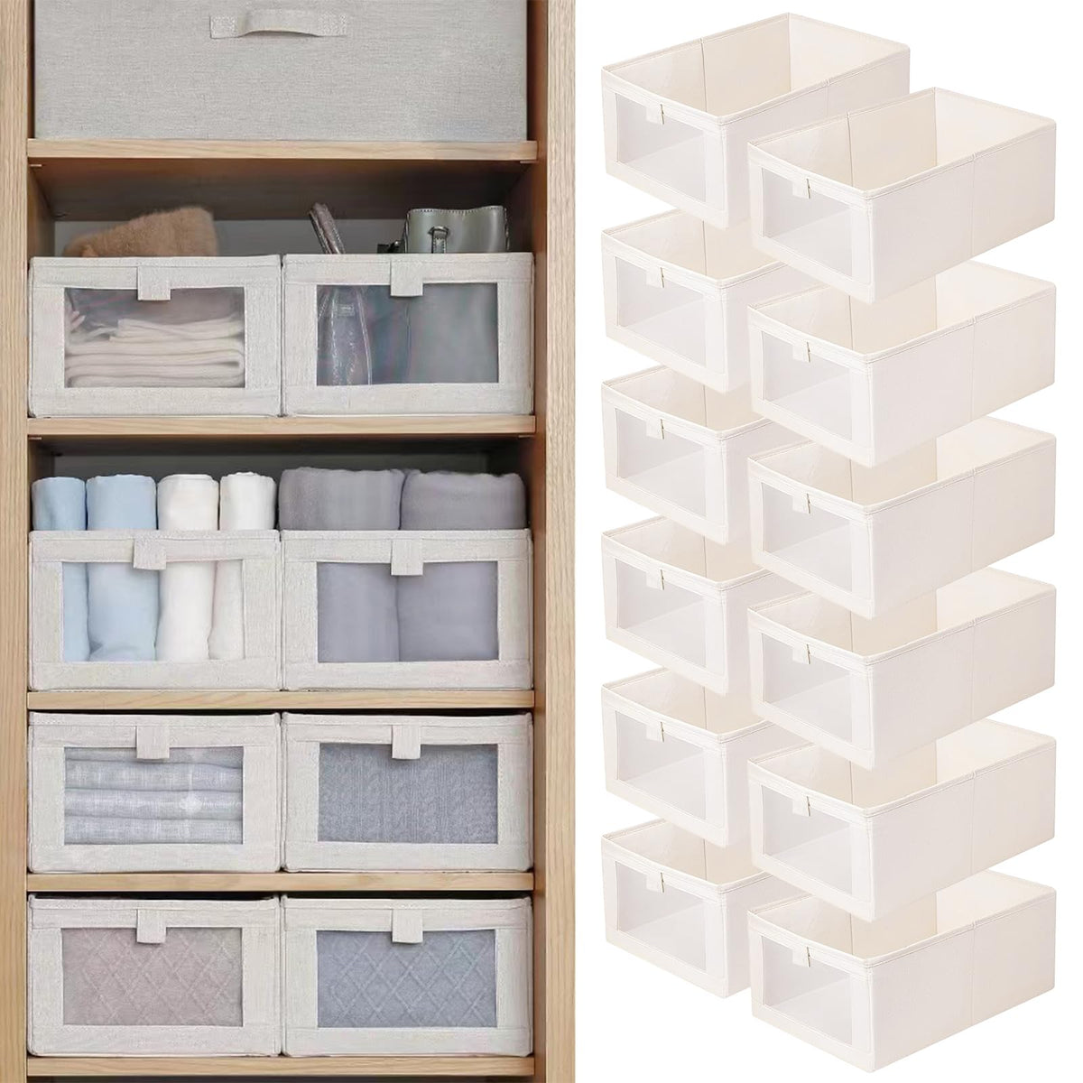 Pradnel Linen Closet Organizers And Storage, 4 Pack Storage Bins Baskets for Organization Foldable Organizer with Clear Window Organizing Clothing, Jeans, Shelves