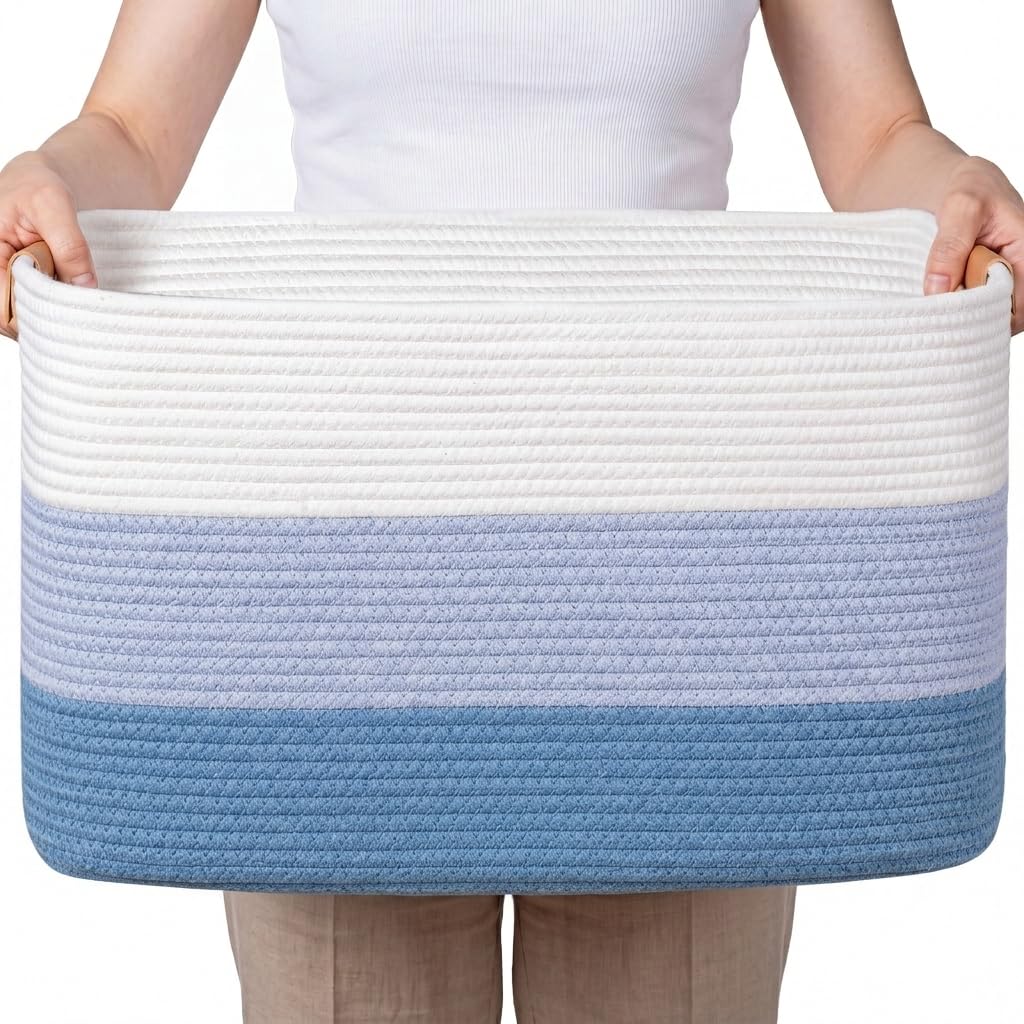 danpinera Blanket Basket, 72L Woven Storage basket with Leather Handle, Eco-friendly Decorative Storage Organization in Bathroom & Living Room for Towels 22 ''*17 ''*11.8 '', Gradient Brown