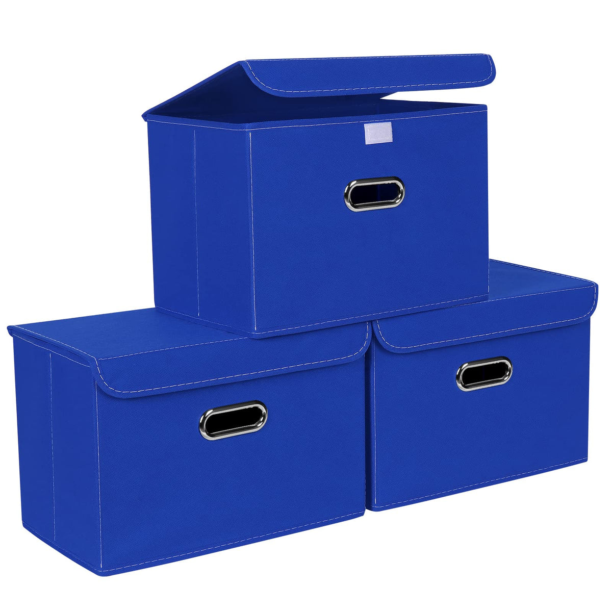STOREONE Fabric Storage Cube Bins Foldable Organizer Container Collapsible Basket with Lids and Metal Handles, for Home, Bedroom, Closet 3 Pcs (Navy Blue)