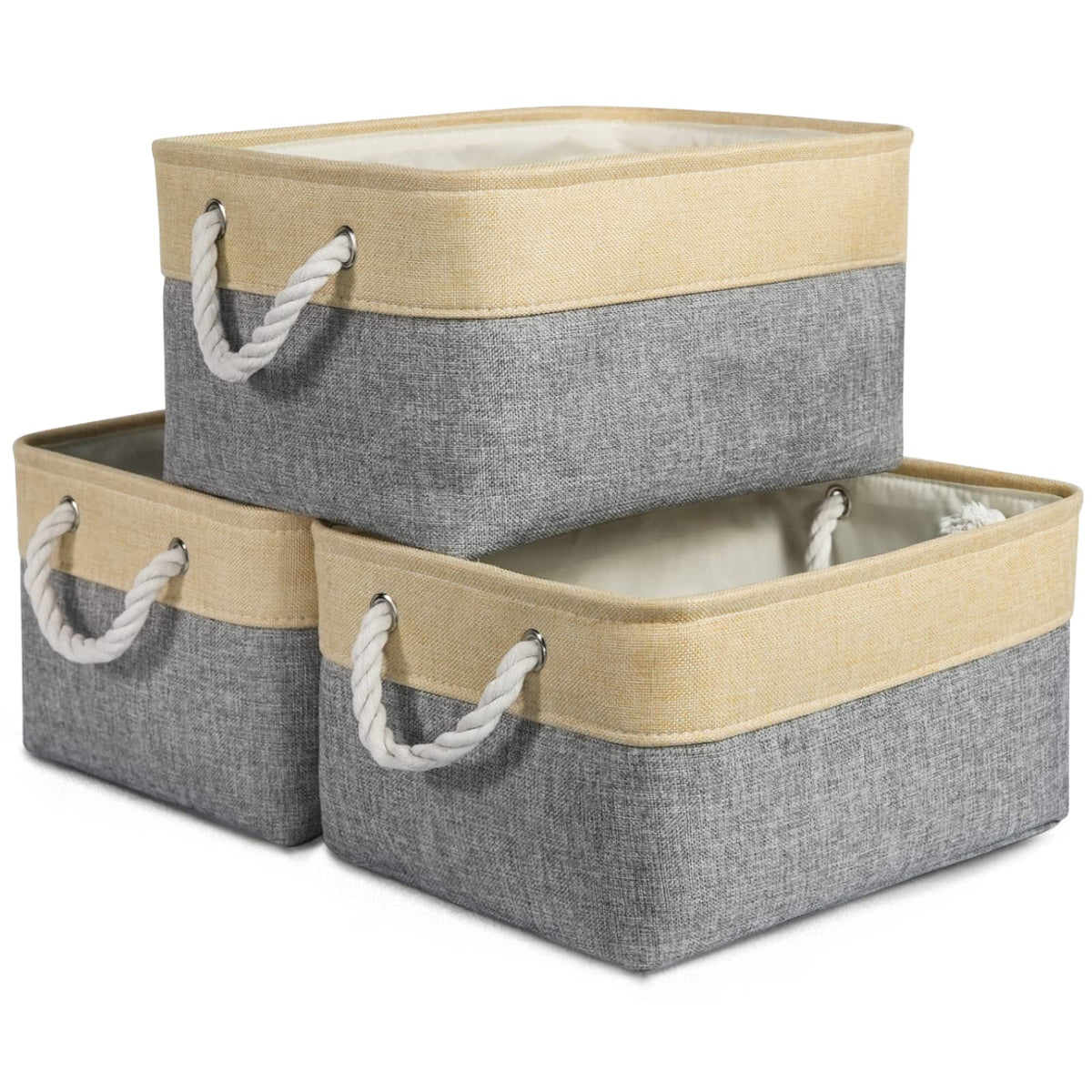 TheWarmHome Storage Basket for Organizing - Medium 3 Pack 14x10x7 inch Fabric Storage Cubes for Shelves with Rope, Collapsible Storage Bin for Organizer Closet Cloth Gift Toy (White & Jean Blue)