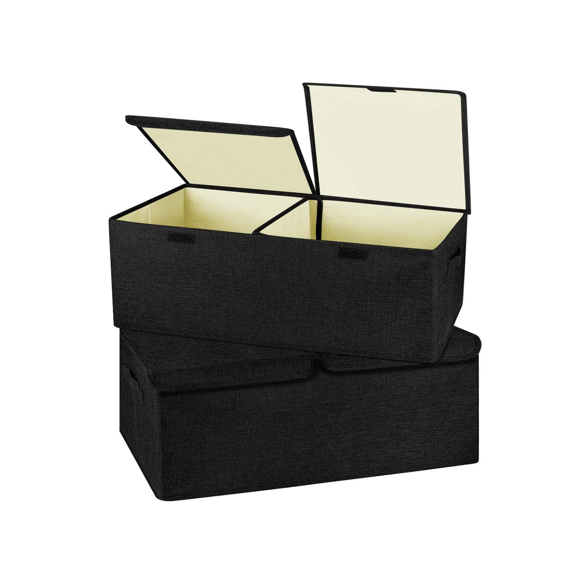 2 Pack Large Linen Fabric Collapsible Storage Bins with Lid and Handles, Washable Storage Box Baskets Cube with Removable Divider for Bedroom,Closet,Office,Living Room,Nursery (Black, Large)