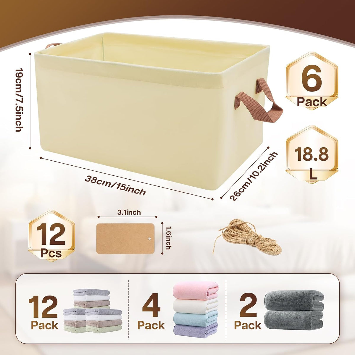 15-Inch Long Fabric Storage Bins 6 Pack for Shelves with Handles