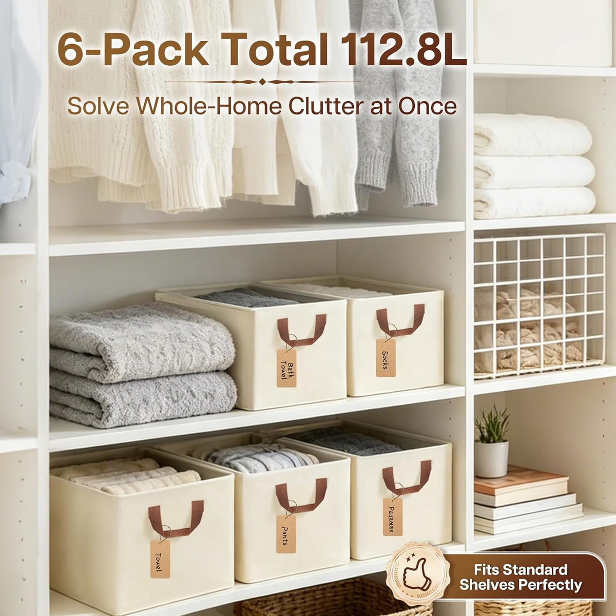 15-Inch Long Fabric Storage Bins 6 Pack for Shelves with Handles