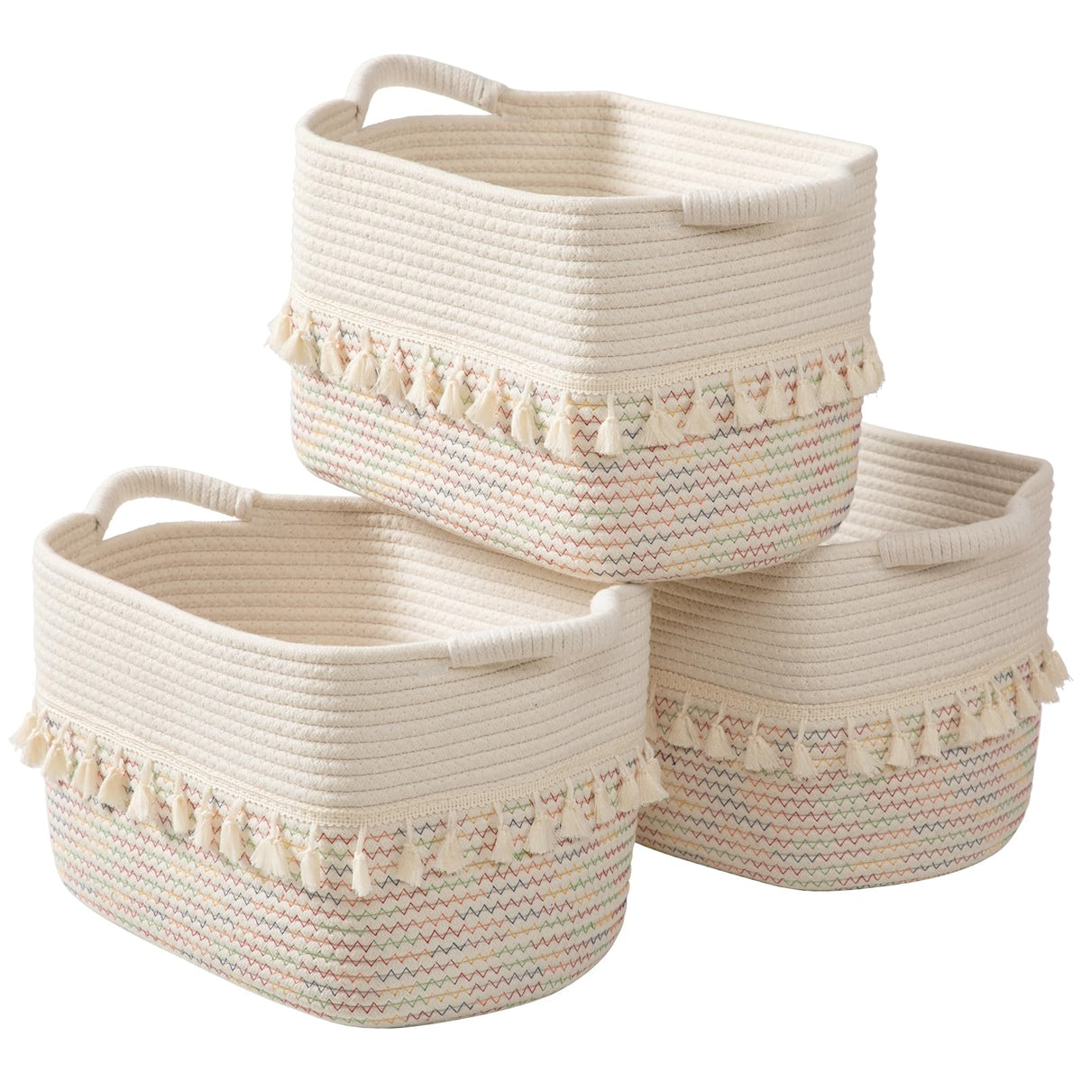 TeoKJ Woven Storage Bin Set of 3, Cotton Rope Basket for Storage, Clothes Boho Basket Bin for Organizing, Fabric Basket for Books, Plants, Pet Treats, White & Jute