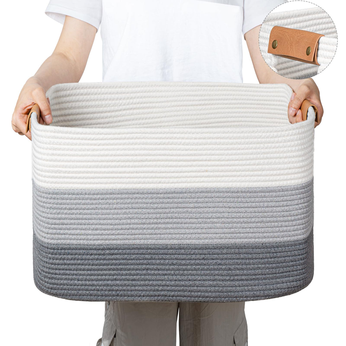danpinera Blanket Basket, 72L Woven Storage basket with Leather Handle, Eco-friendly Decorative Storage Organization in Bathroom & Living Room for Towels 22 ''*17 ''*11.8 '', Gradient Brown